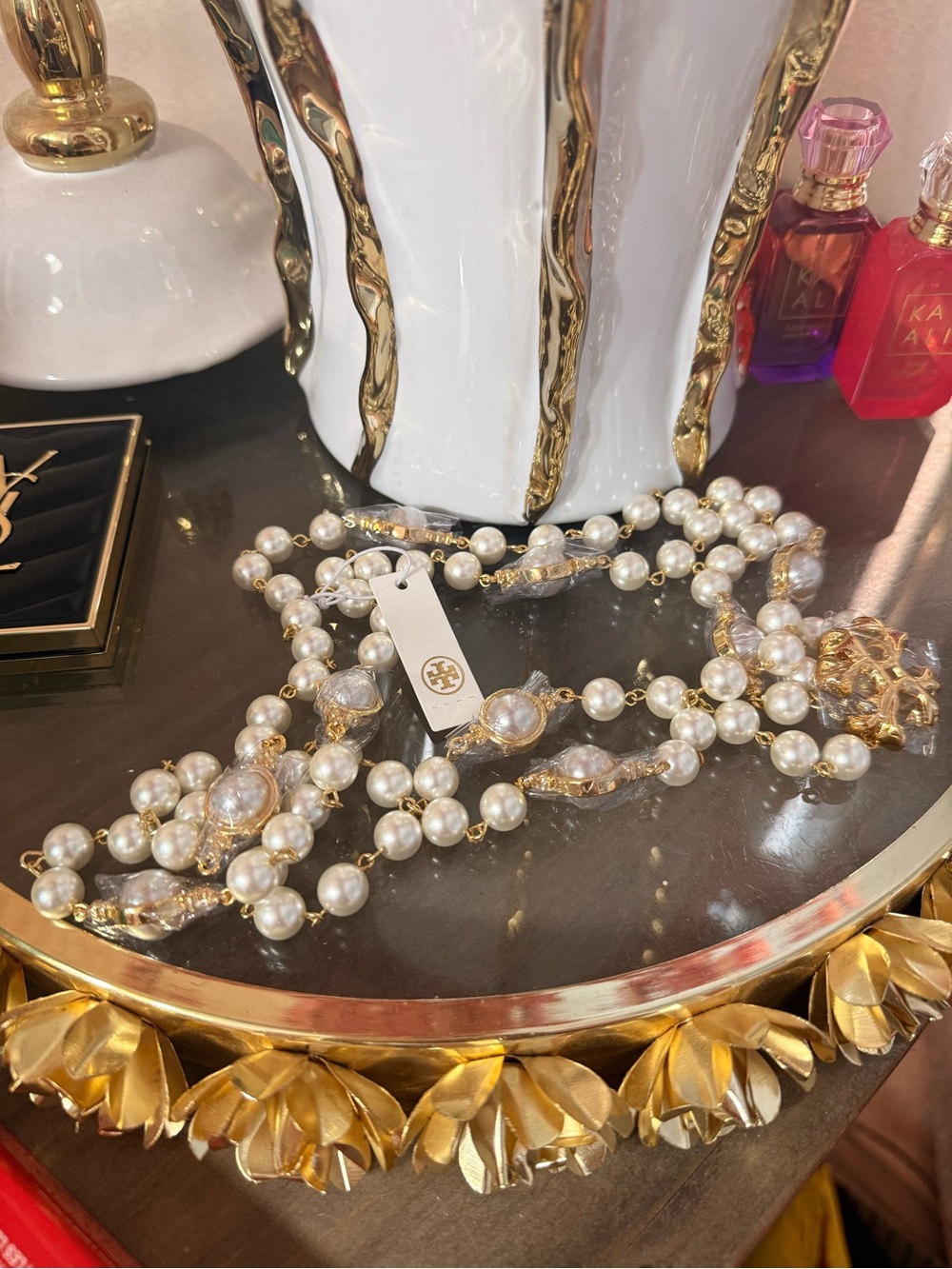 Tory Burch Pearl and Gold Logo-Accent Necklace - Long